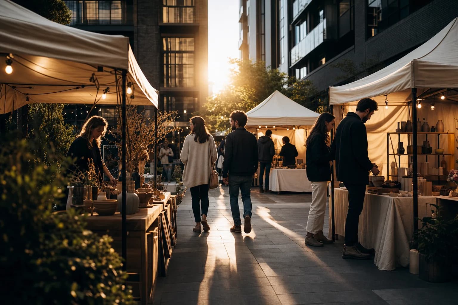 Residents browsing the tasting table during an evening event, seen from behind.