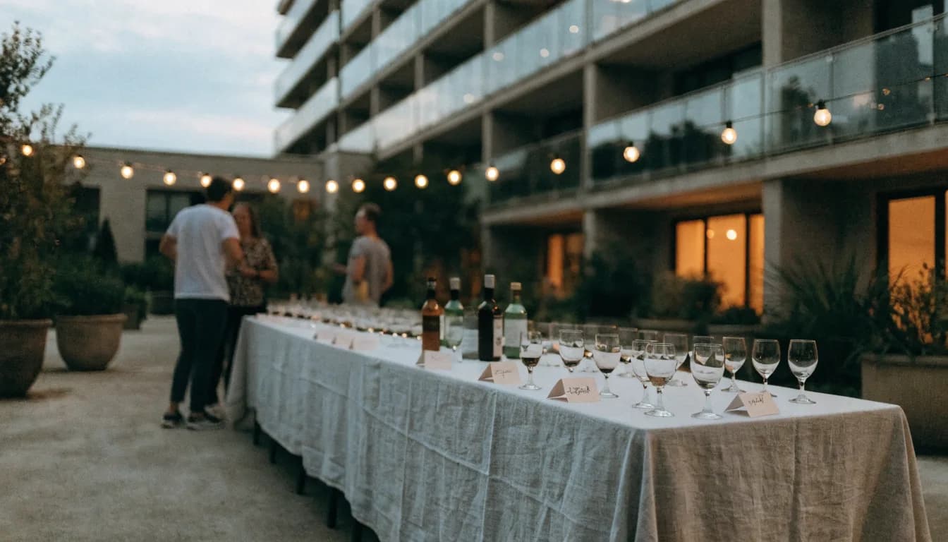 The tasting table set in an apartment courtyard before residents arrive.