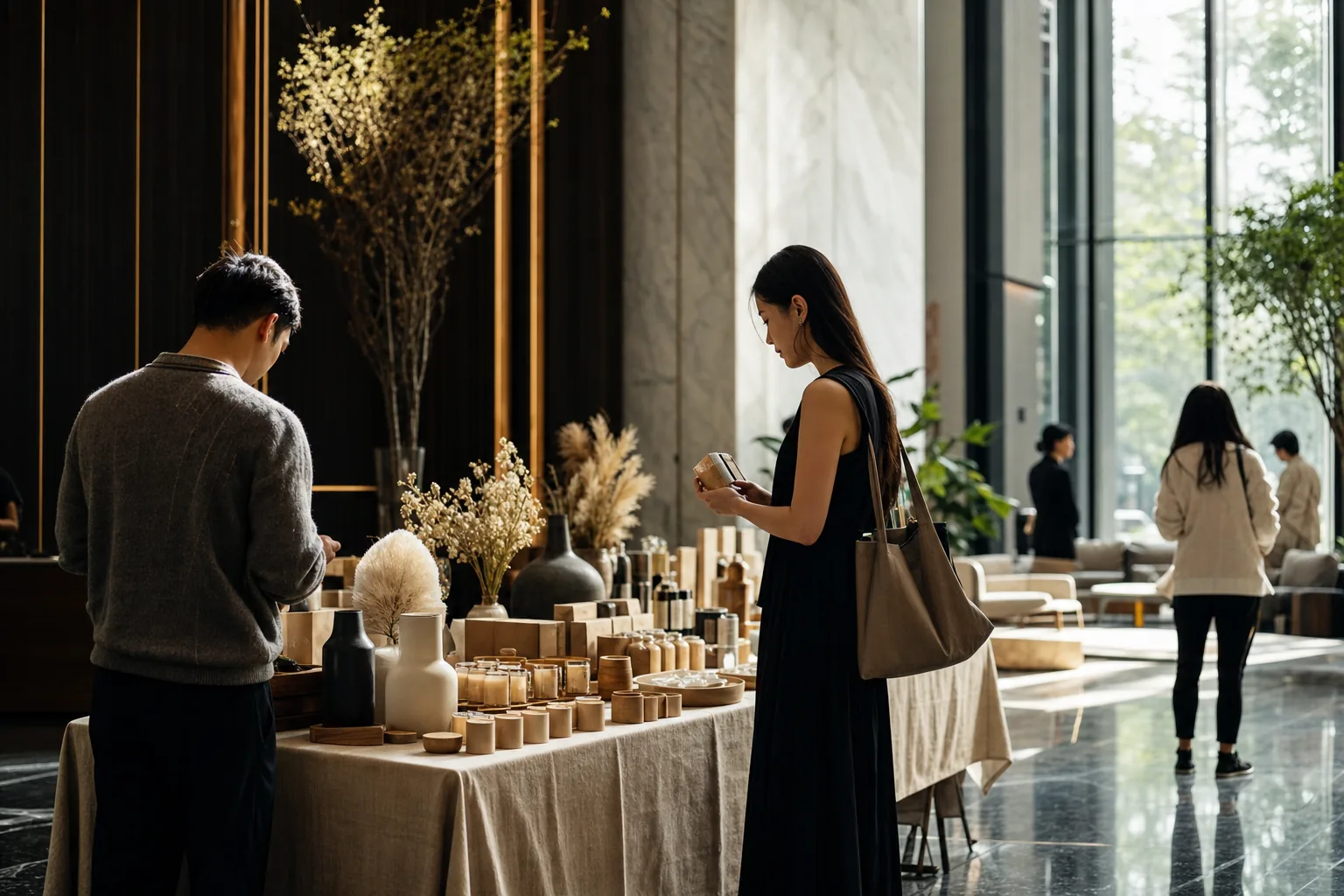 A pop-up market table in an apartment lobby, residents browsing.